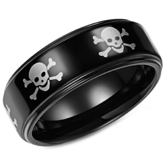 Black Tungsten Carbide Skull & Bones Ring Sz 8 - Picture 2 of 5